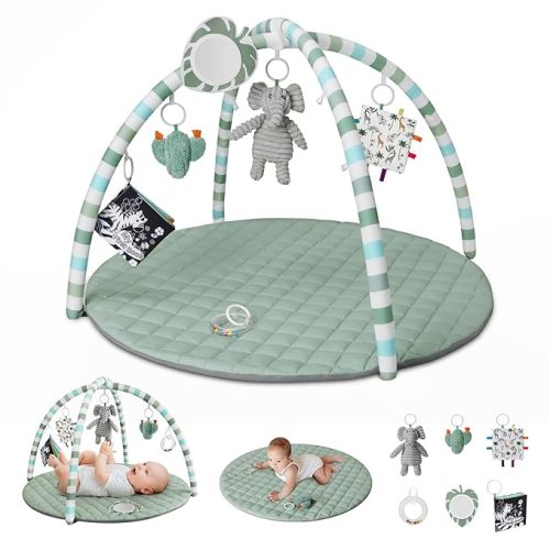 Blissful Diary Baby Play Gym Mat, Play Mat Activity Mat with 6 Detachable Toys for Stage-Based Sensory & Motor Skill Development, Easy to Install & Clean, Baby Essentials Gift, Sage Green