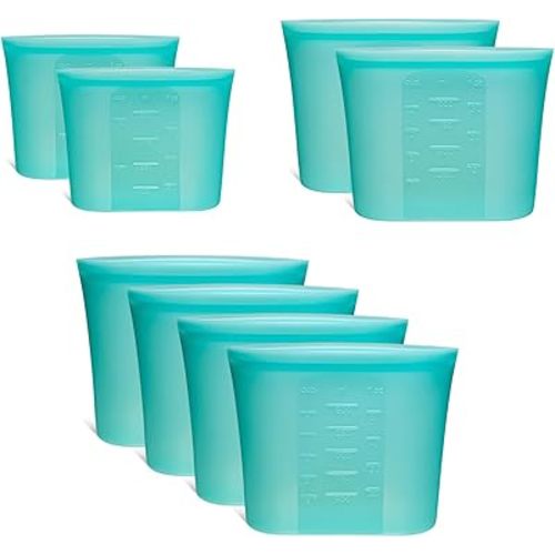 8-Pack Reusable Silicone Food Storage Bags, 100% Silicone Stand-Up Wide-Open Zip-Lock Reusable Storage Bags for Food, Freezer Microwave Oven Dishwasher Safe, Aqua, 4M 2S 2XS