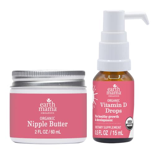 Earth Mama Organic Nipple Butter (2oz) + Vitamin D Drops (0.5oz) Bundle | Certified Organic Nipple Butter for Expecting Mothers + Vitamin D Drop Supplement for Baby - Perfect Baby Shower Gift Set