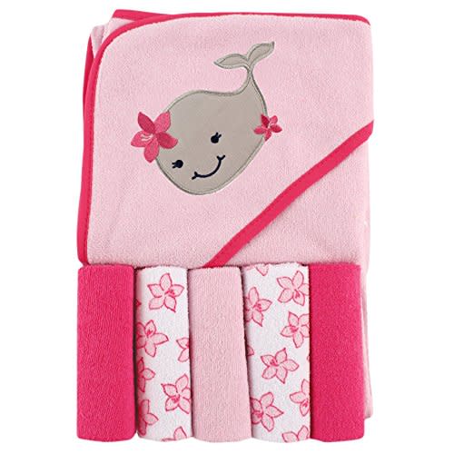 Luvable Friends Unisex Baby Hooded Towel with Five Washcloths, Girly Whale, One Size