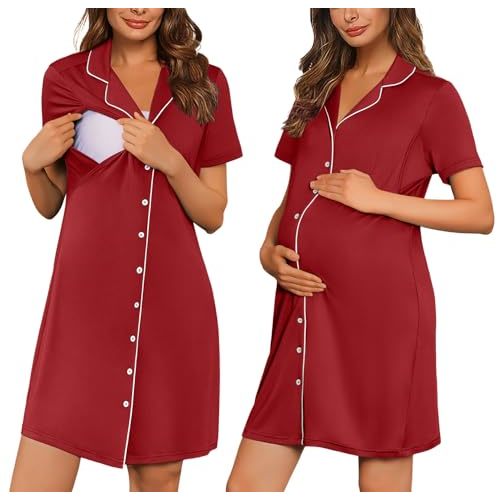Ekouaer Button Down Nursing Nightgown V Neck Breastfeeding Dress Short Sleeve Classic Maternity Pajamas