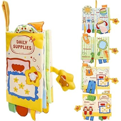 YOGINGO Baby Books - Montessori Toys Daily Necessities Theme Baby Cloth Books 6 to 12 Months, Soft Stuffed High Contrast Crinkle Infant Sensory Toys, Boys&Girls Kids Early Learning Gifts
