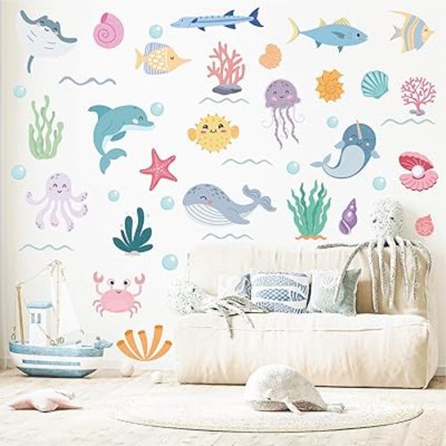 AOWDIAO 58 Pcs Ocean Animals Wall Decals - Peel and Stick Under The Sea Kids’ Room & Nursery Decor