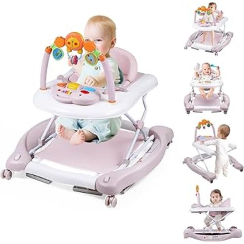 Baby Walker, 5-in-1 Baby Walkers for Boys and Girls 6-12 Months with Bouncer, Removable Footrest, Feeding Tray & Music, Foldable & Adjustable Activity Walker for 6-18 Months Toddler Infant