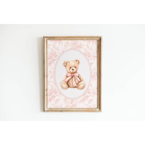 Vintage Bear Nursery Wall Art, Girl Nursery Decor, Pink Grandmillenial Nursery, Bear Pink Bow Poster, Girl Vintage Room Decor, Printable