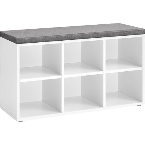 VASAGLE Shoe Bench with Cushion, Shoe Storage Bench with 6 Compartments and 3 Adjustable Shelves, Entryway Bench with Padded Seat, for Bedroom, Closet, Living Room, White ULHS23WT