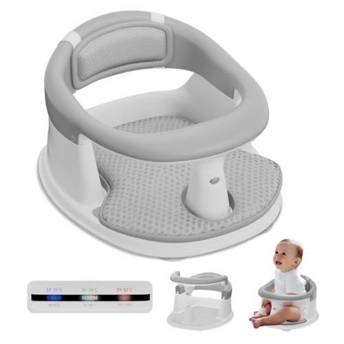 Baby Bath Seat-for Babies 6 Months & up with Temperature Alert+Soft Cushion+Suction, Toddler Bath Seat for Baby, Sitting Up with Baby Bathtub Seat, Grey