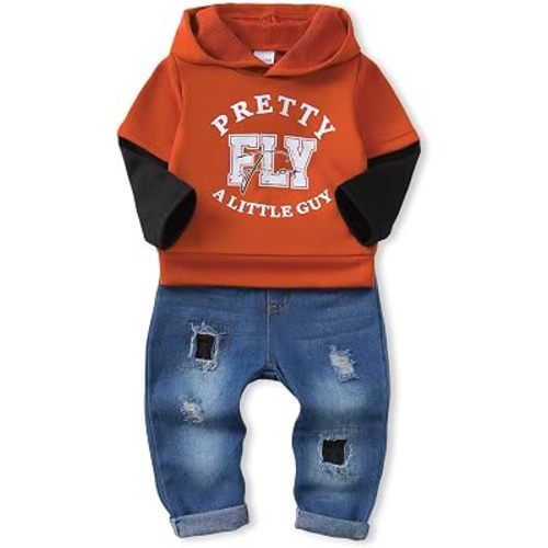 NZRVAWS Baby Boy Clothes Toddler Boy Outfit 2 3 4T 6 12 18 24 Month Fall Winter Hoodie Ripped Jeans Clothing
