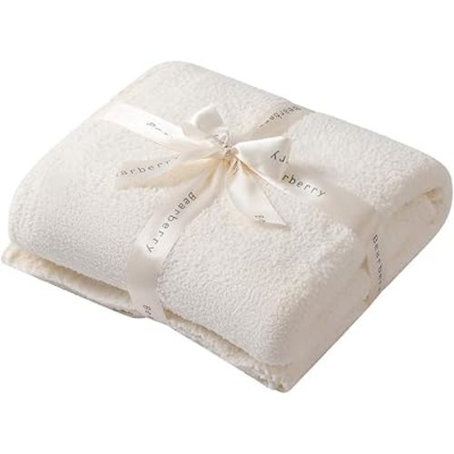 Knit Throw Blanket 50x60 Cream Super Soft Plush for Couch