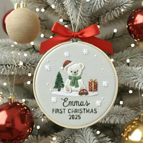 Embroidered Baby’s First Christmas Ornament, Baby Girl Gift 2025, Custom Bear Ornament Keepsake, Personalized Embroidered Christmas Gift