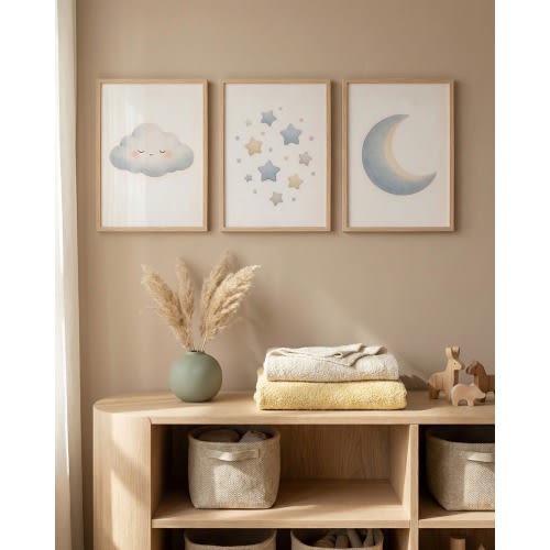 Celestial Nursery Prints Set of 3 | Watercolor Moon Stars Cloud | Neutral Baby Room Wall Art | Digital Download Printable Nursery Decor