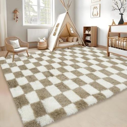 Area Rug for Bedroom Living Room Rug Fluffy Soft Checkered Rug Fuzzy Shag Shaggy Carpet, Indoor Plush Floor Rug for Dorm Nursery Home Decor Aesthetic