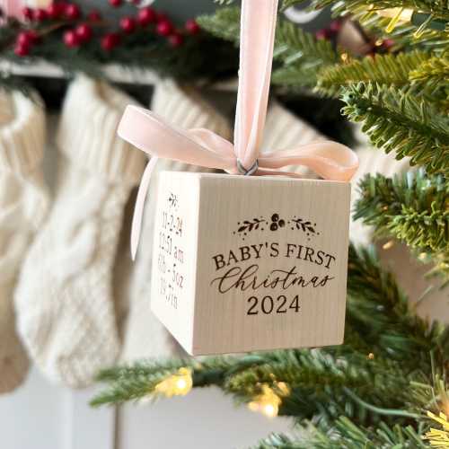 BABY&#39;S FIRST CHRISTMAS block ornament with stats | personalized wood Christmas ornament | custom keepsake | engraved heirloom gift
