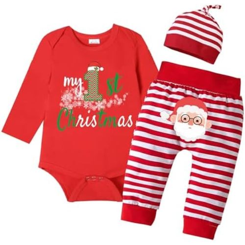 Baby Girls Boys My 1st Christmas Outfits, Newborn Infant Xmas Santa Clothes Bodysuits + Stripes Pants + Hat
