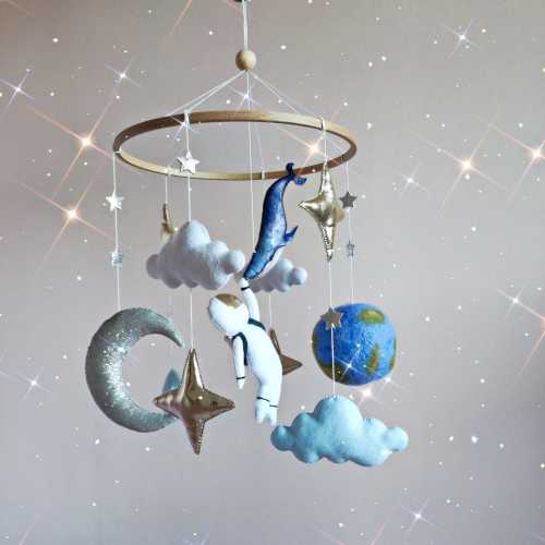 Space Baby Mobile, Astronaut, Earth, Whale,Solar System Nursery Decor, Baby Shower Gift