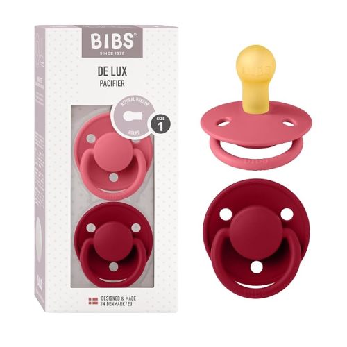BIBS De Lux Baby Pacifier 2-Pack | Made in Denmark | BPA Free Dummy Soother, Round Nipple. Natural Rubber Latex, Size 1 (0-6 Months), Coral/Ruby