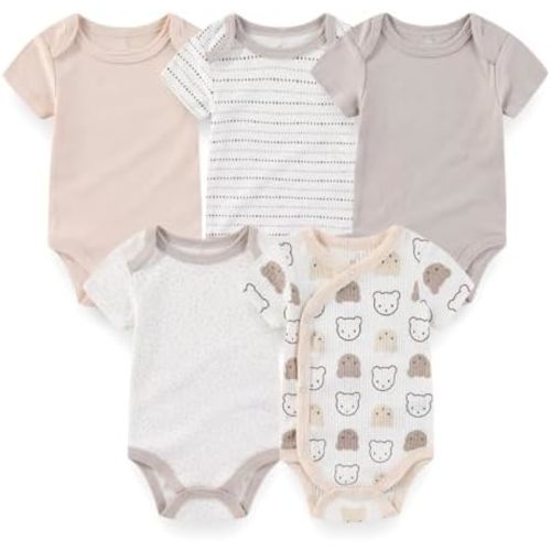 Newborn Baby Unisex Cotton One-Piece Bodysuits 5-Pack Short Sleeve Soft Baby Gift Clothes for Boys Girls