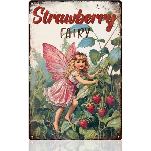 Strawberry Fairy Wall Decor Metal Sign, Lovely Angel Wall Art Garden Accessories, Vintage Metal Tin Poster for Home Kitchen Decor Gift 8 x 12 Inch