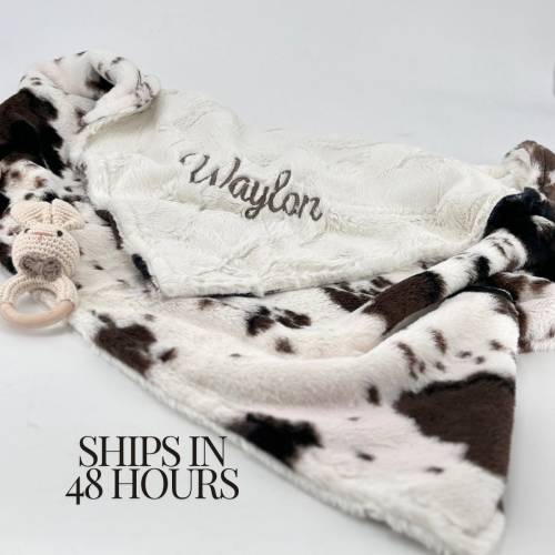 Personalized plush cowhide minky baby blanket Western nursery Newborn baby gift soft cowboy shower idea for new mom with cow embroidery