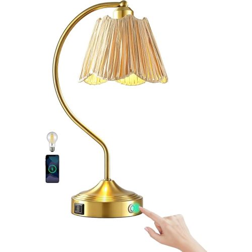 Boho Rattan Touch Small Table Lamps USB C+A Ports