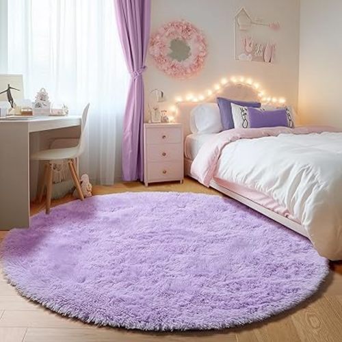 ONASAR Light Purple Round Area Rugs 5ft, Soft Bedroom Circle Rug Floor Mats for Kids Girls Teen, Cute Fluffy Plush Shaggy Carpet for Nursery Dorm Living Room Playroom Home Decor Princess Castle