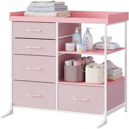 Hetoy Pink Changing Table Dresser with 5 Drawers Baby Dresser