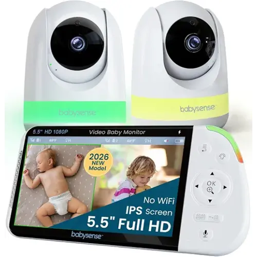 Babysense PRO Full HD 5.5" Split Screen Baby Monitor with 2 Cameras, 6-Color Night Light, White Noise, Sound & Light Machine, 20-Hour Battery, Hack-Proof Non-WiFi Secure Connection