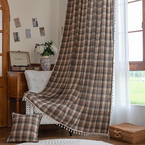 Plaid Curtain 59W x 63L Inches,2 Panel Light Filtering Privacy Rod Pocket, Vintage Handmade Tassels Country Decor Drapery.Drape Textured Tartan Curtain for Living Room Bedroom (Brown)