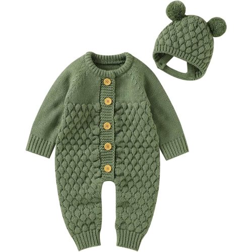 0-3M allshope Newborn Baby Boy Girl Winter Clothes Knitted Sweater Romper Crewneck Solid Color Jumpsuit Hat Infant Fall Outfit (Green, 0-3 Months)