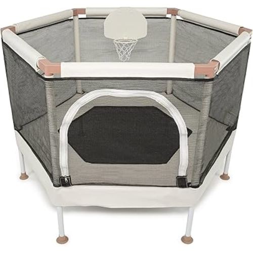 Kids Trampoline, Aesthetic Indoor and Outdoor Toddler Trampoline with Safety Net, Basketball Hoop, 220lb Capacity, Ultra Safe No-Gap Design, Gifts for Boys & Girls