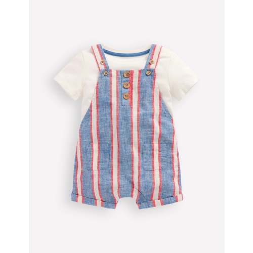 Short Woven Overalls Set-Blue and Red Stripe