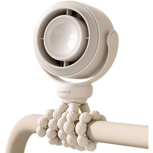 SWEETFULL Portable Stroller Fan, Pinch-Proof Baby Fan, 10H Battery, 5-Speed Quiet Mini Clip on Fan, USB-C Rechargeable with LED Display for Car Seat, Crib & Travel - Cream