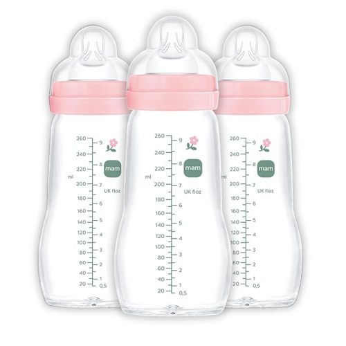 MAM Premium Glass Baby Bottles, Easy Switch Between Breast and Bottle, Feel Good Medium Flow, Newborn Essentials Must Have, 2+ Months, BPA Free, 9oz, Girl, 3 Pack