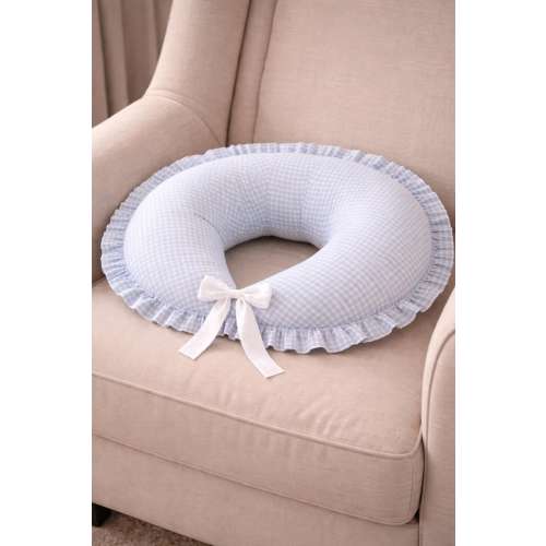 Baby Blue Gingham Nursing Pillow, Pregnancy Support & Baby Sitting Pillow, Ruffled U-Shaped Breastfeeding Pillow