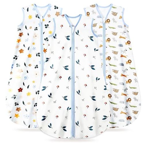 3 Pack Baby Sleep Sack 0-6 Months 100% Organic Cotton, 0.5 TOG Lightweight Wearable Blanket, 2-Way Zipper Sleeping Bag, Animal&Plant&White