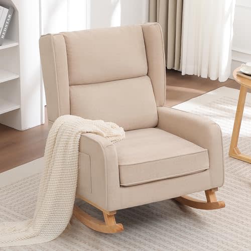HCHAIRH Nursery Rocking Chairs, Rocking Chair Nursery for Mom Nursery Rocker with High Backrest and Solid Wood Legs, Modern Wingback Accent Chair for Reading Living Room Bedroom, Khaki