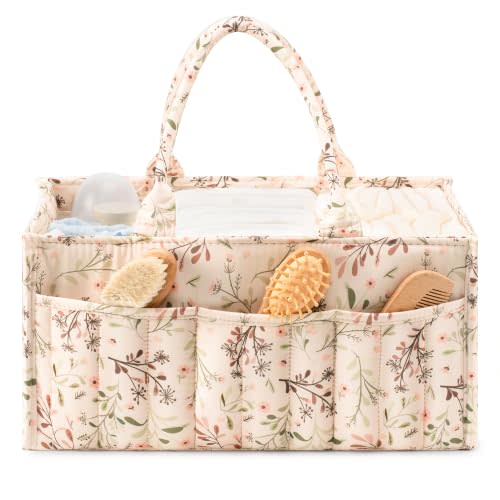 Quilted Diaper Caddy Organizer with Handle, Portable Nursery Storage Basket | Floral Car Caddy Organizer for Changing Table, Gifts for New Parents, Baby Shower, Newborn Essentials (Daisy )