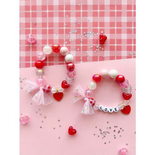 Valentine Hearts Red and Pink Kids Beaded Charm Bracelet
