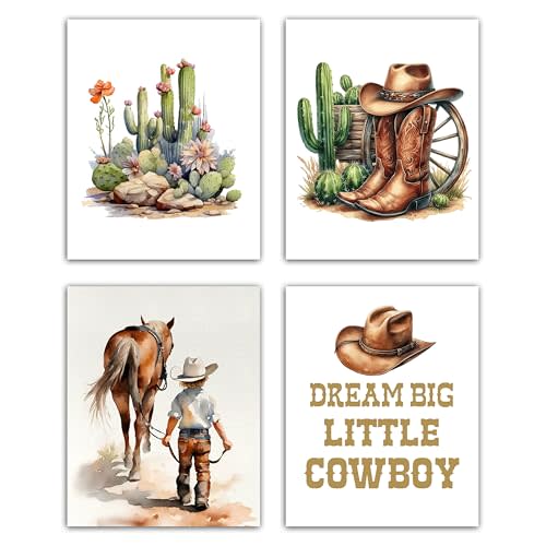 HRIOROII Little Cowboys Posters Set Of 4, Western Wall Art Decor For Baby Room Nursery Little Boy Bedroom, Toddler Boy Room Art Decorations For Wall, 8x10 Inches Unframed -09