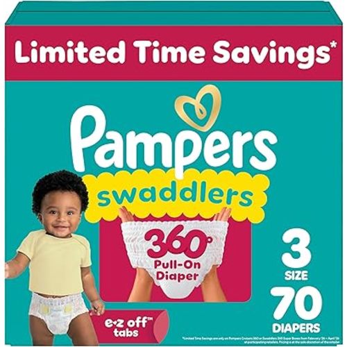 Pampers Diapers - Swaddlers 360° - Size 3, 70 Count, up to 100% Leakproof Comfy Dry Fit, Designed for Easy Changes, Pull On Baby Diaper (Packaging May Vary)