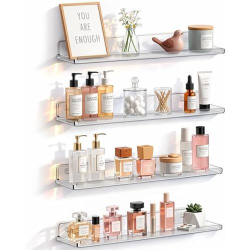 Lifewit Floating Shelves for Bathroom, Acrylic Display Shelf Wall Mounted for Makeup, Skincare, Nail Polish, Book, 14" Perfume Organizer for Bedroom, Living Room, Nursery, Home Decor, Clear, 4 Pack