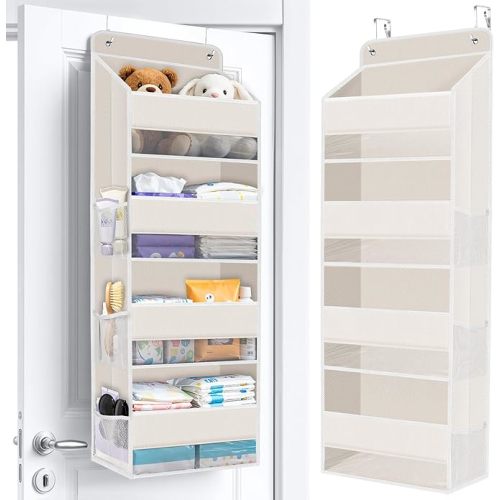 WISELIFE Over The Door Organizer Storage with 4 Large Pockets Door Hanging Organizer with Clear Windows behind The Door Storage for Nursery Bedroom Bathroom Pantry Closet and Baby Essentials Beige