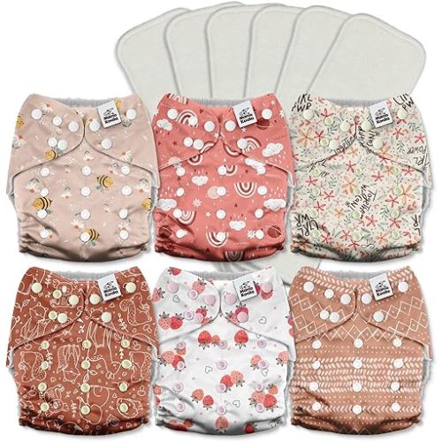 Mama Koala 3.0 Cloth Diapers for Babies with AWJ Lining, 6 Pack with 6 5-Layer Natural Cloth Diaper Inserts - Reusable and Washable Pocket Diapers(A-Pink Memories)