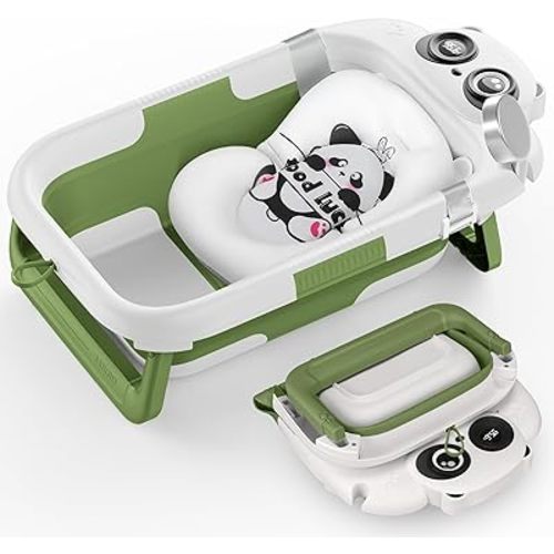 Collapsible Baby Bathtub for Newborn to Toddler, Portable Baby Bath Tub with Floating Cushion and Thermometer, Infant Bathtub for 0-24 Months(Green)