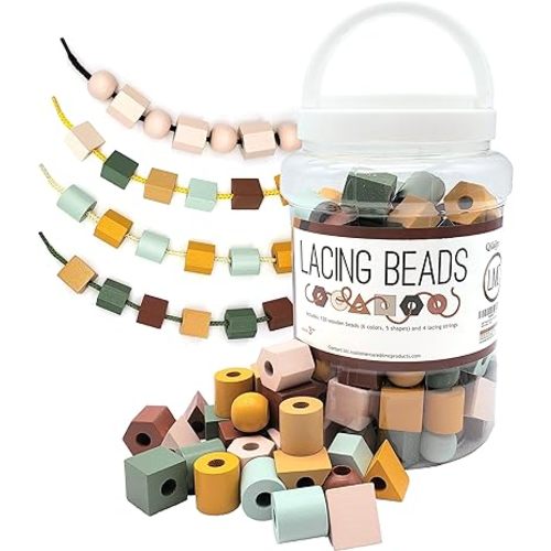 Wooden Lacing Beads & Strings 125 Pieces, Fine Motor Skills Toys for 3 Year Old, Boho Colors