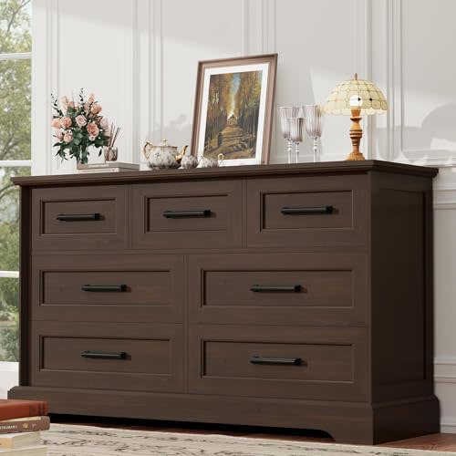 YESHOMY Dresser for Bedroom, Farmhouse 7 Drawers Dressers, Brown | 47.2" Chest of Drawers, Multi-Tier Clothing Storage, Metal Handles, Anti-Tip, Wide Tabletop