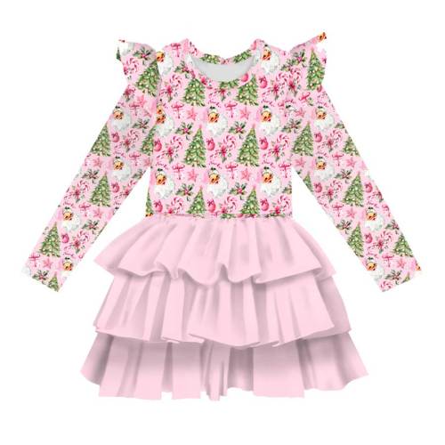 Happy Holidays Pink Noel - Girls Long Sleeve Bamboo Tiered Tulle Dress