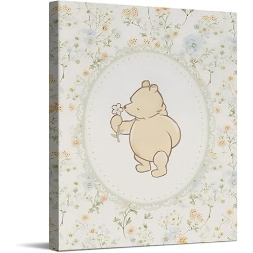 CYFDYVT Classic Winnie the Pooh Canvas Wall Art Vintage Floral Nursery Artwork Cute Pooh Bear with Butterfly Canvas Print Shabby Chic Bedroom Poster Wall Decor for Nursery Kid's room 8x10 inch