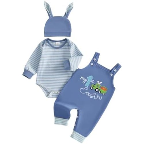 BeQeuewll My First Easter Baby Boy Outfit Infant Stripe Romper Bunny Letter Embroidery Overalls Pants Set Newborn Outfits