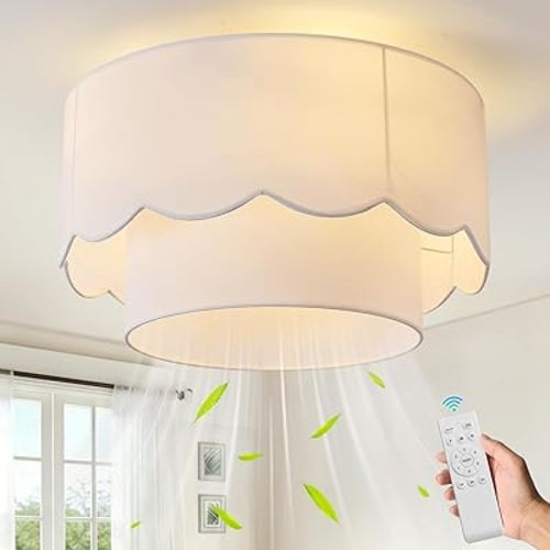 Ceiling Fan with Light, 20" Flush Mount Boho Ceiling Fans with Lights Remote Control, Low Profile Drum Fabric with 6 Speeds for Bedroom,Nursery,Living Room